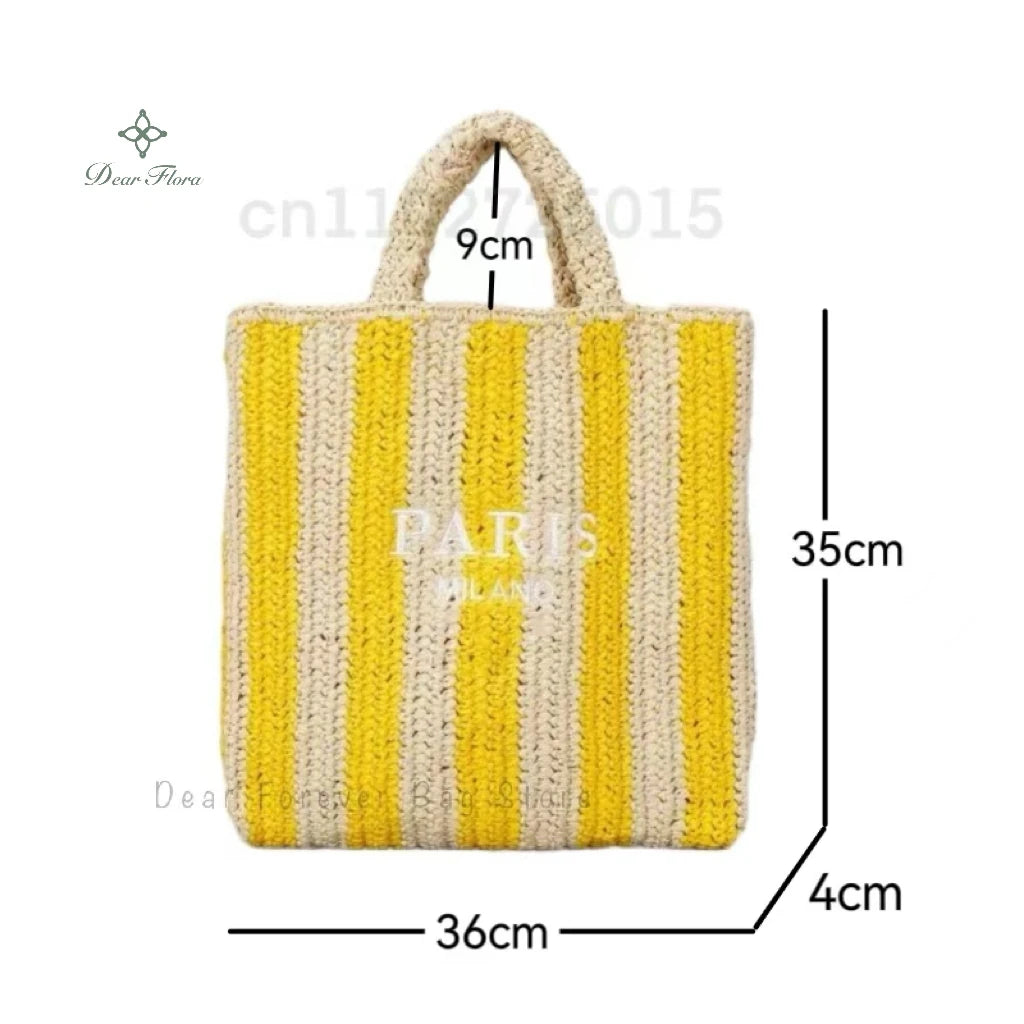 Women Fashion Striped Summer Beach Straw Knitting Shoulder Bag Hollow Out