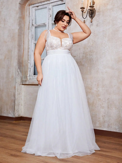 Mgiacy plus size Suspenders crew neck large trumpet sleeves Embroidered lace patchwork mesh wedding dress full skirt