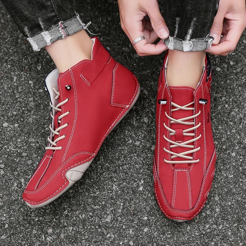 Summer Hot Selling Men's Durable Leather Flat Bottomed Boots Workwear Shoes Retro Lace Up Breathable Casual Men's Moto Boots
