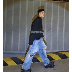 Blue Baggy Jeans For Men Women Big Hole Ripped Mopping Flared Denim Pants