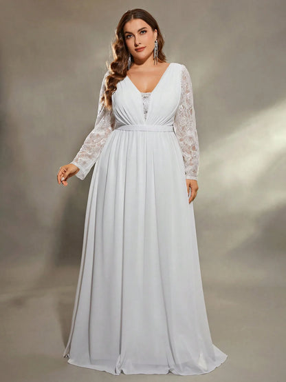 Mgiacy plus size  Deep V shoulder lace long sleeve chest pleated chiffon wedding dress A full skirt Evening gown Ball dress