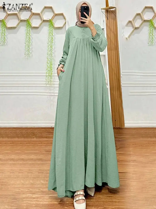 Muslim Fashion Crinkled Fabric Long Dresses Women Elegant Long Sleeve