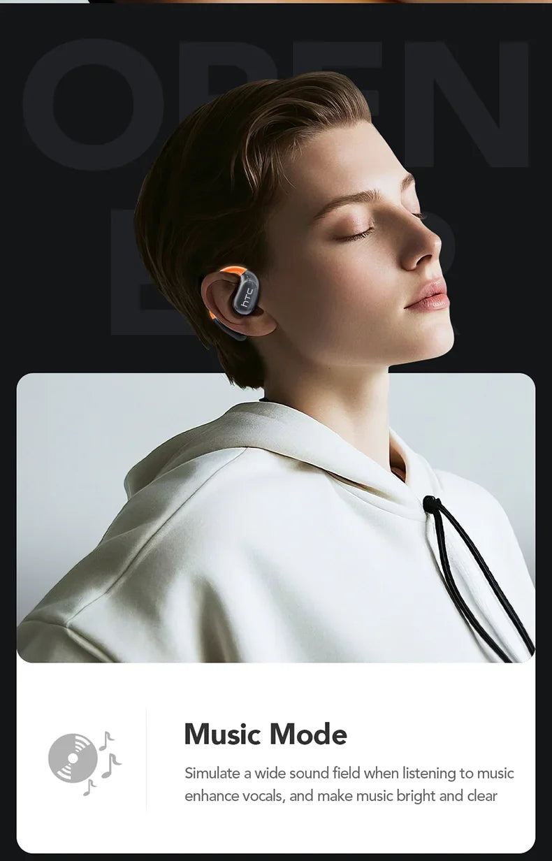 HTC NE27 Wireless Headphones AI Translator Earbuds OWS Sports Bluetooth Earphones Glowing Earhook Customizable Wallpaper Screen