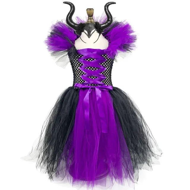 Disney Mistress of Evil Cosplay Outift Tutu Dress for Little Girls Kntting Handmade Maleficent Costume Kid Halloween Witch Frock
