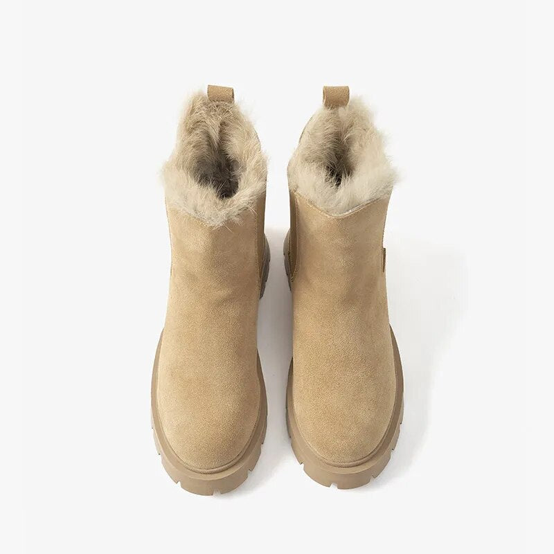 BeauToday Snow Chelsea Boots Women Leather latform Fur Boots Round Toe Ladies