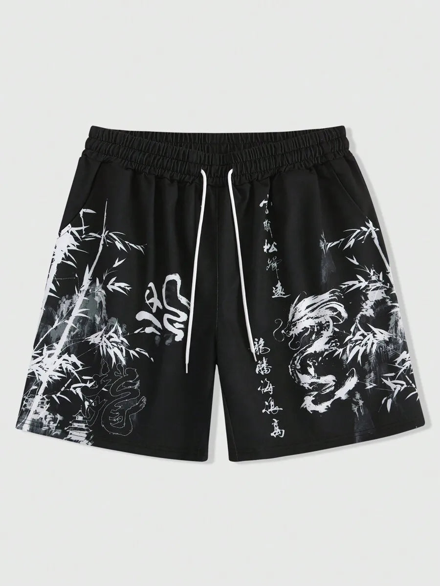 men's shorts loose and luxurious shorts 3D printed casual bamboo forest dragon print