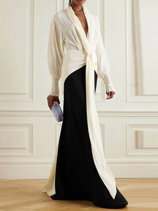 Evening wear Dresses: Women Patchwork Deep V-Neck Pleated Party Evening Dresses