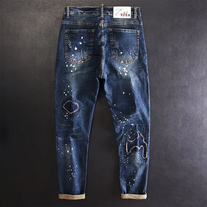 Jeans for Men Cropped Ripped Tapered Male Cowboy Pants with Holes Trousers