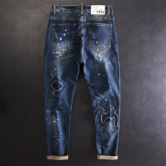 Jeans for Men Cropped Ripped Tapered Male Cowboy Pants with Holes Trousers
