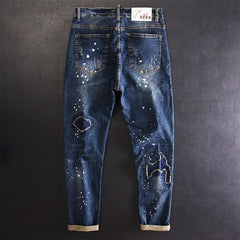 Jeans for Men Cropped Ripped Tapered Male Cowboy Pants with Holes Trousers