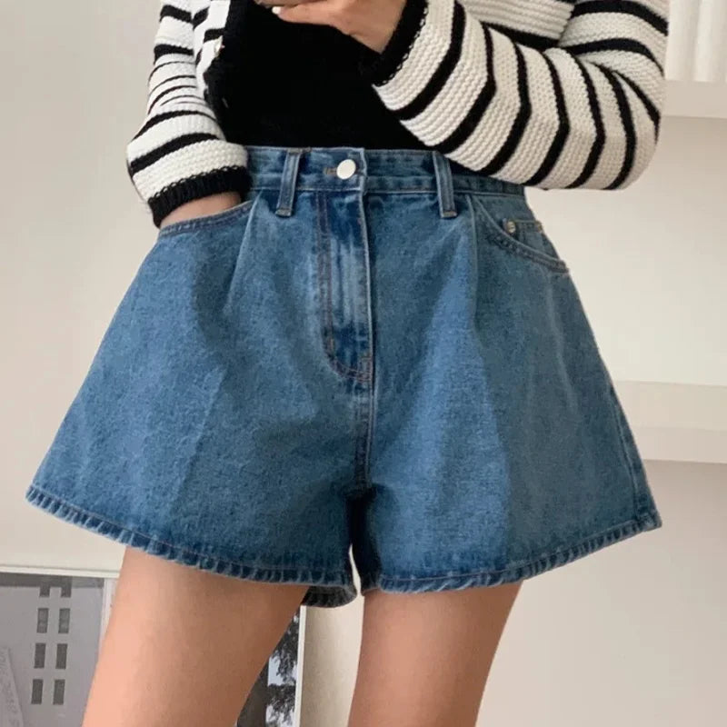 REALEFT Summer Washed High Waist Women's A-line Denim Shorts Pocket White 2025 New Casual Loose Wide Leg Jeans Shorts Female