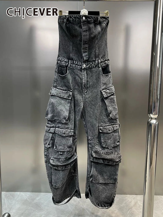 Streetwear Denim Jumpsuits For Women Strapless Sleeveless Off Shoulder