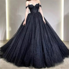 Black Prom Dresses Sweetheart Off The Shoulder A-Line Tulle Lace Applique Backless