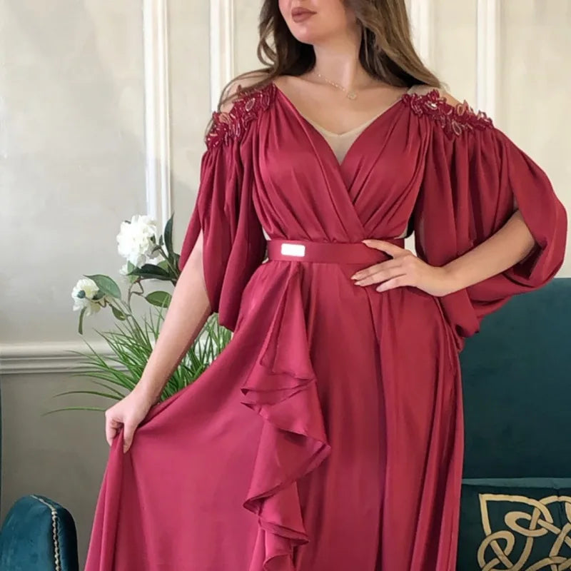Evening Dresses V-Neck A-LINE Long Sleeved Floor-Length Chiffon