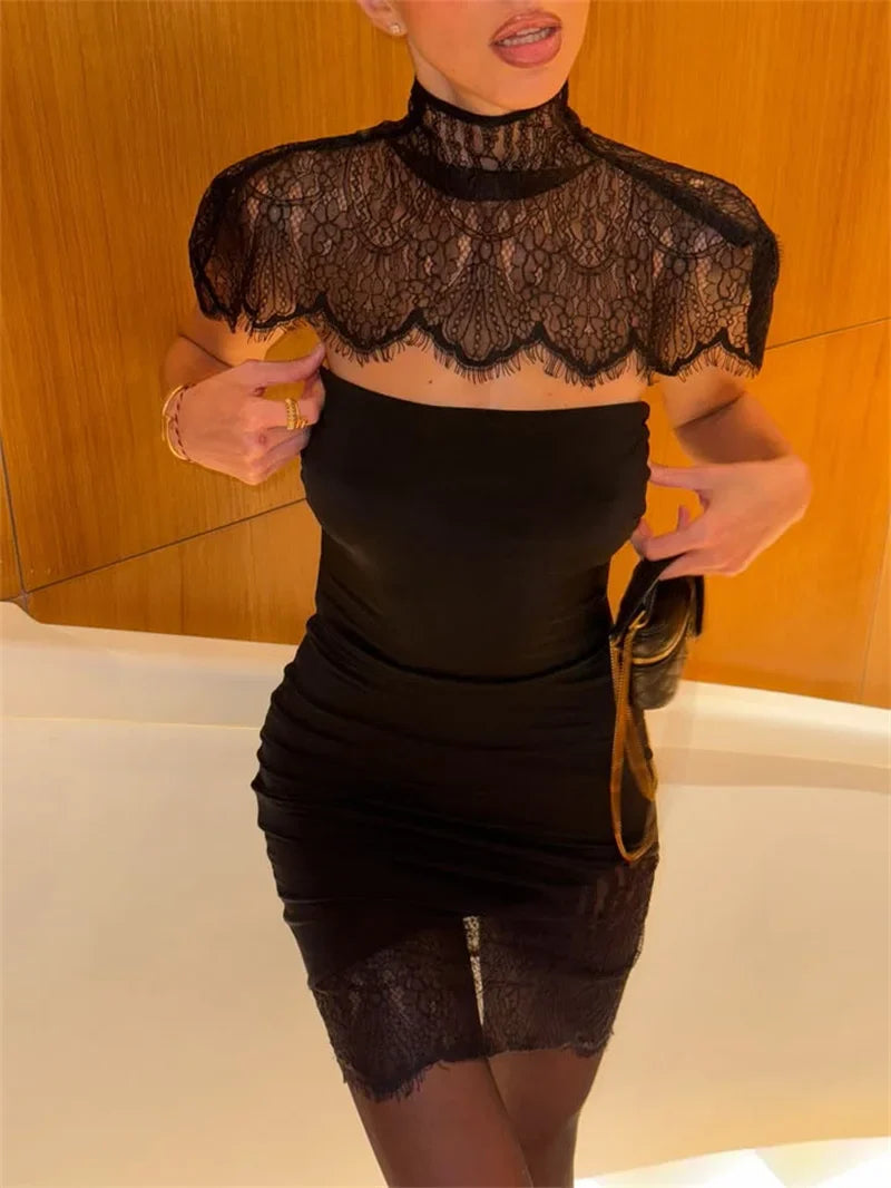 Mozision Lace Backless Sexy Mini Dress Women Gown Elegant See Through Turtleneck Sleeveless Bodycon Club Party Dresses Female