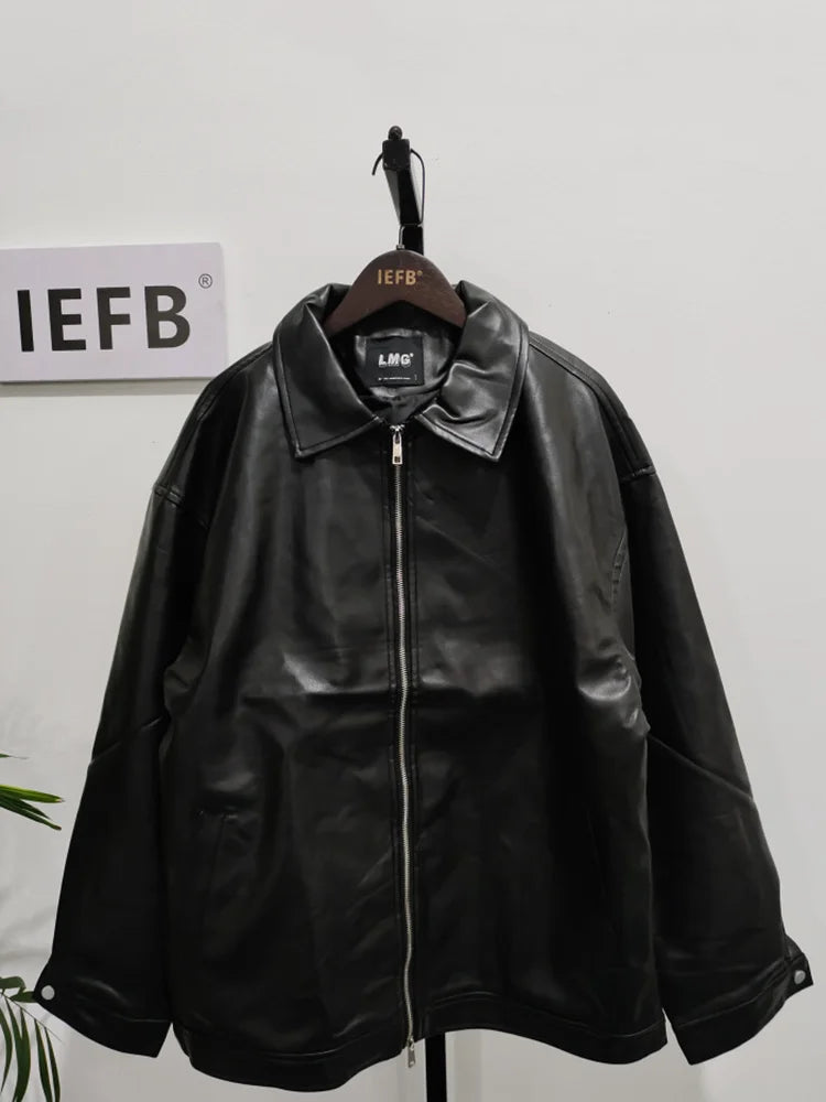 Korean Chic Double Zipper Men's PU Leather Jacket Black Simple