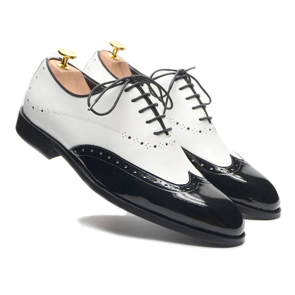 Formal Oxfords Shoes for Men White Black Real Cow Patent Leather Business Lace-up Wingtip Toe Brogue Wedding Mens Dress Shoes