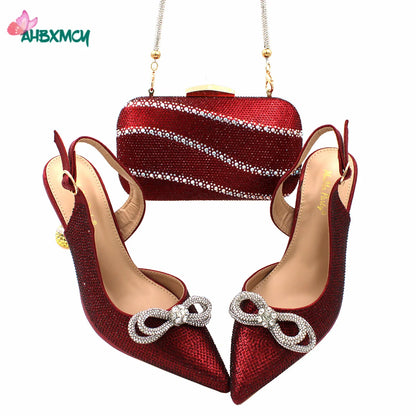 2022 High Quality Pointed Toe Ladies Sandal Shoes Matching Bag Set in Wine Color For Nigerian Women Wedding Party