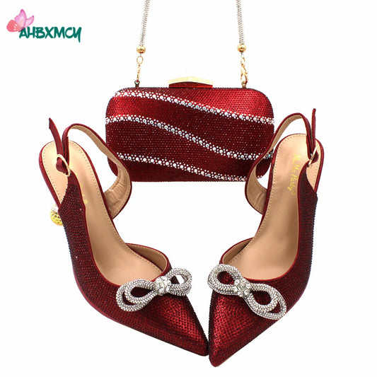 Pointed Toe Ladies Sandal Shoes Matching Bag Set in Wine