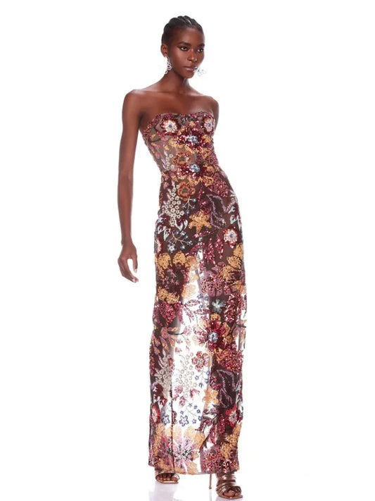 Strapless Floral Sequin Long Dress Women Luxury Sequins Flower Backless Slim Dress