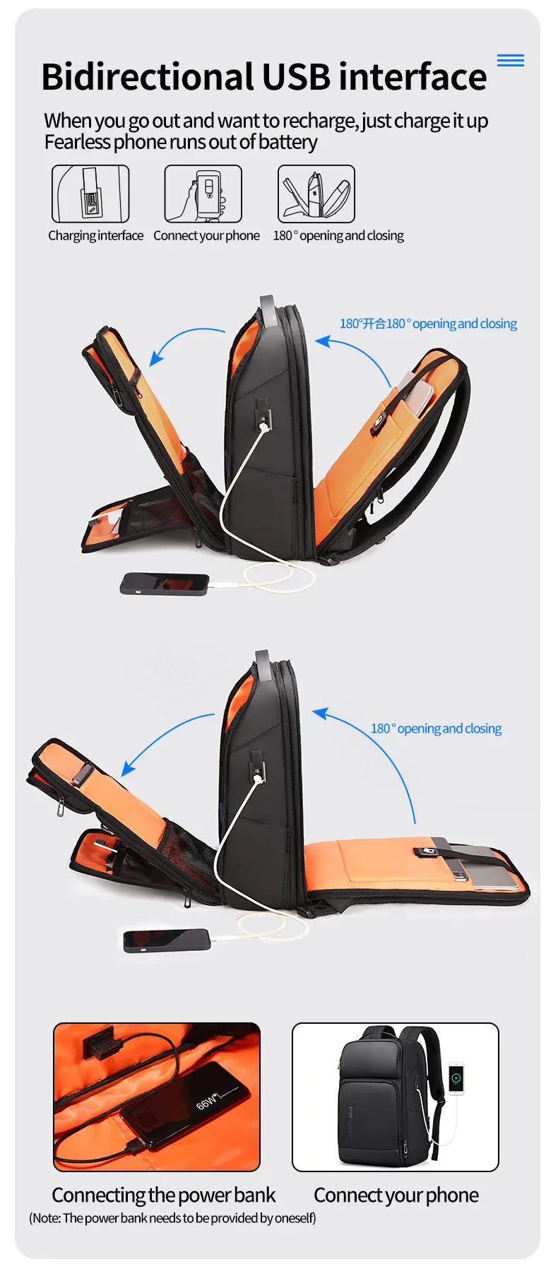 Fenruien Business Waterproof Backpacks USB Charging Men Backpack Fit 15.6 Inch Laptop Travel 35L Large Capacity Backpack