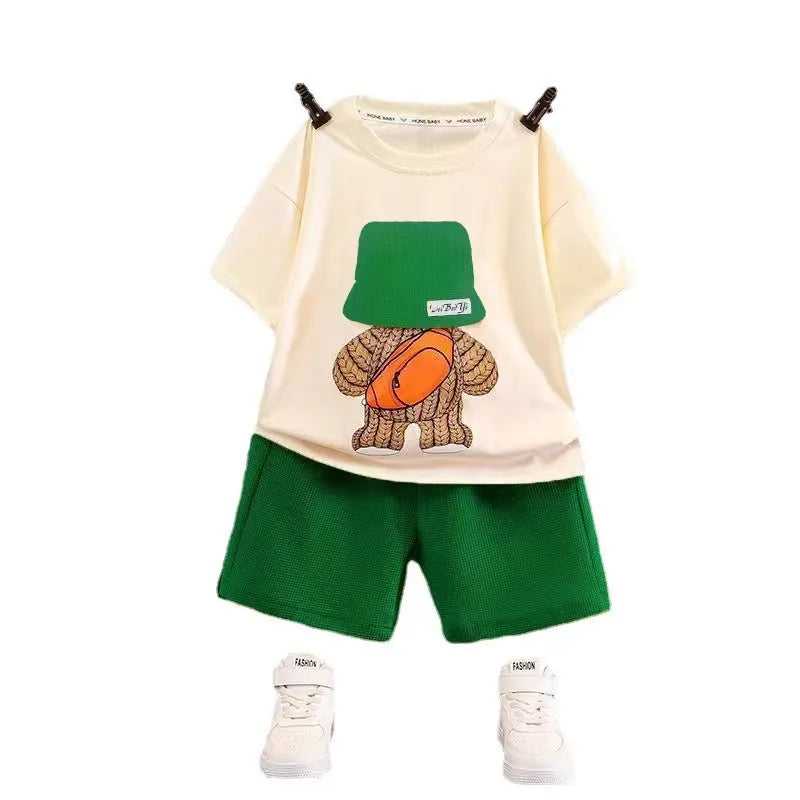 Baby Boy Clothes	Summer Korean Cartoon Children's Casual Sets Loose Cooler Cute Fashion Suit Infants Top + Shorts Two Piece Set