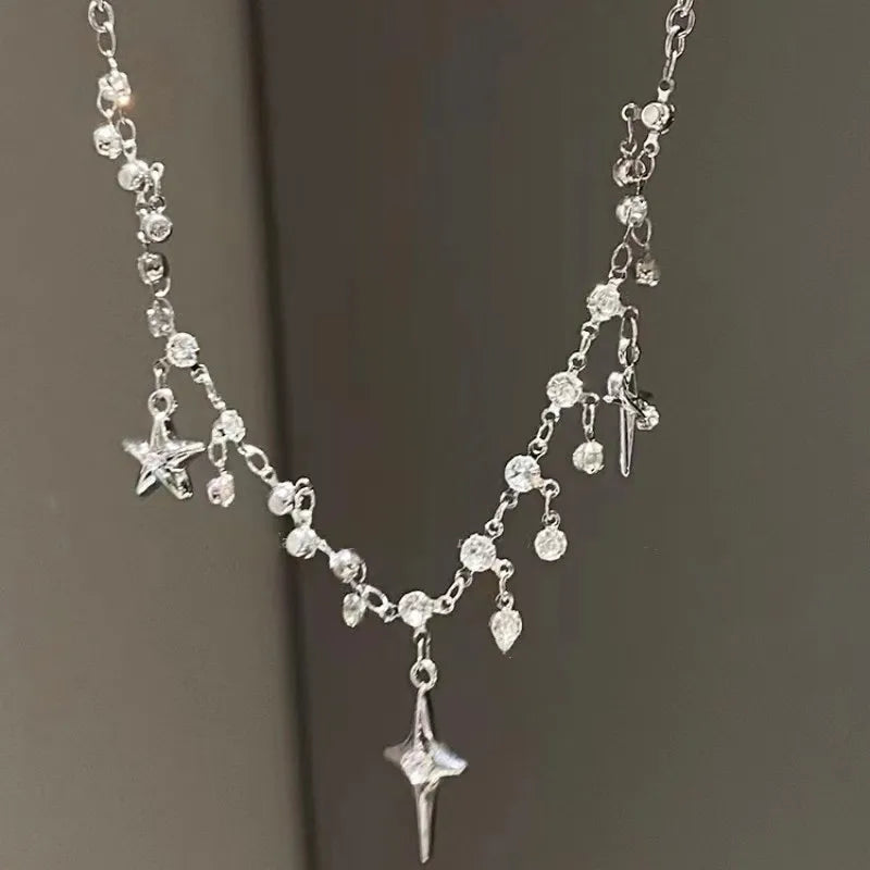 Kpop Star Pendent Necklace for Women Punk Simple Zircon Tassel Clavicle Chain Choker Elegent Party Gift Jewelry Girl
