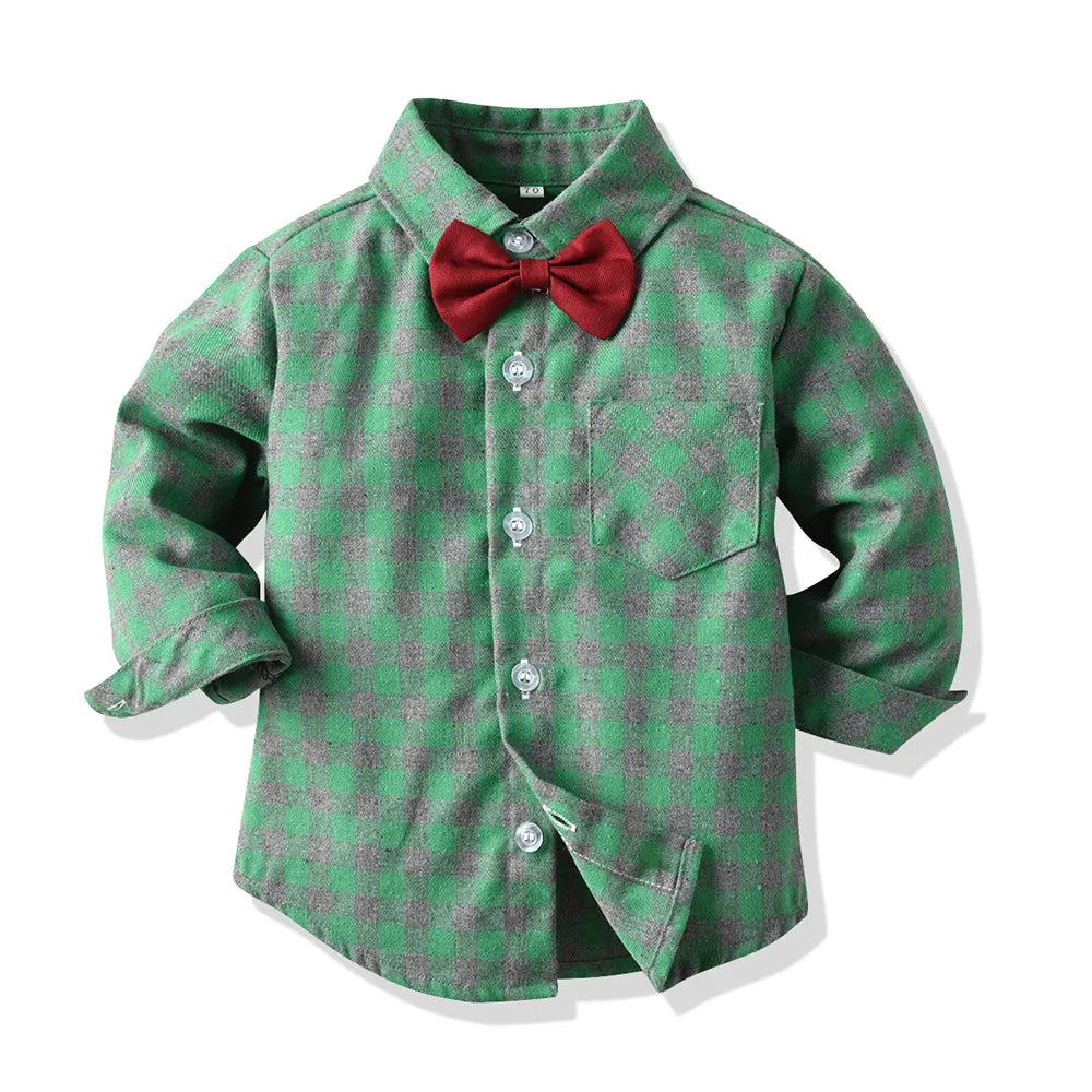 Children's Plaid Shirt and strap pants set for Boys with Bow Tie baby boy clothes 0 to 3Y Autumn Boys Clothes 70-130cm
