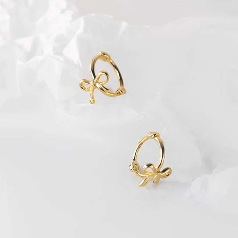 WANTME 925 Sterling Silver Fashion Simple Bow Huggies Ear Hoop Earrings for Women Cute Girl Romantic Korean Butterfly Jewelry