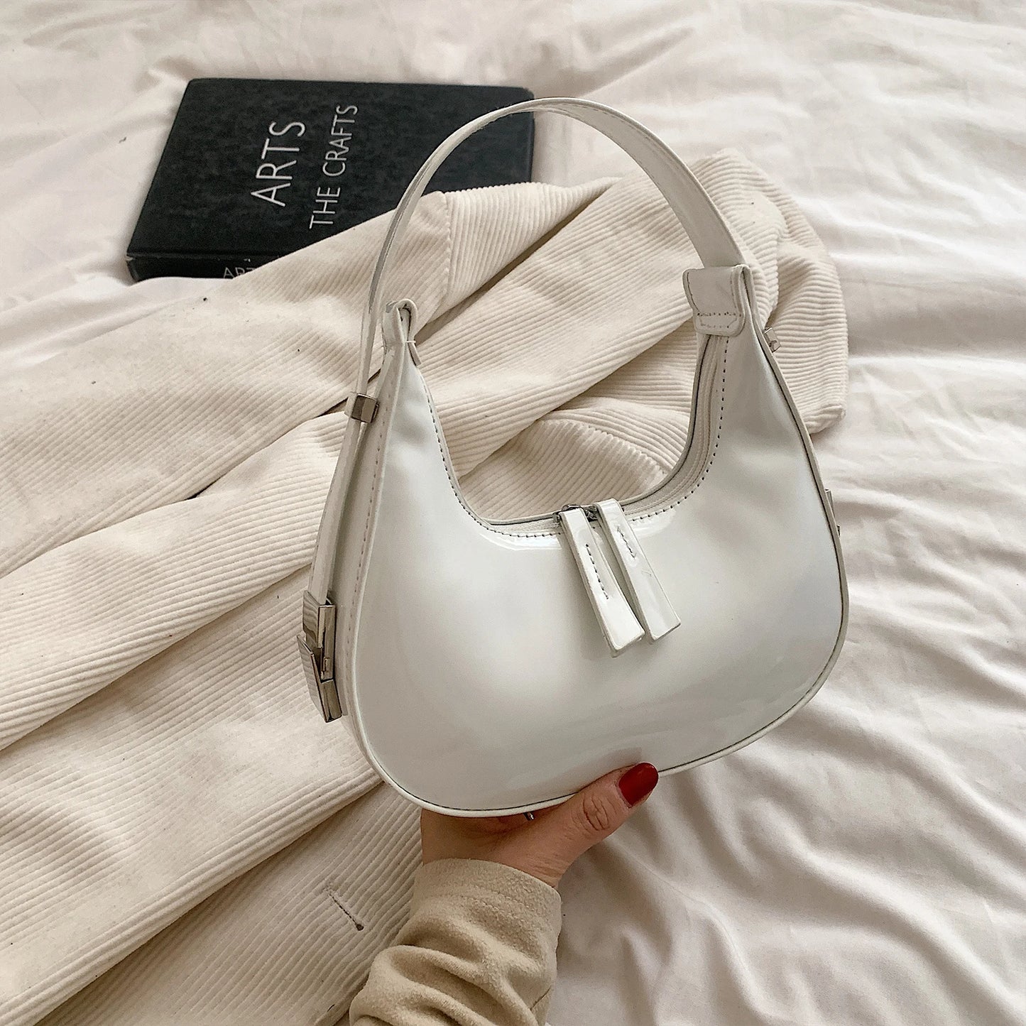 Women's Bag Patent Leather Tote Bag Fashion Shoulder Bag Versatile Crescent Bag