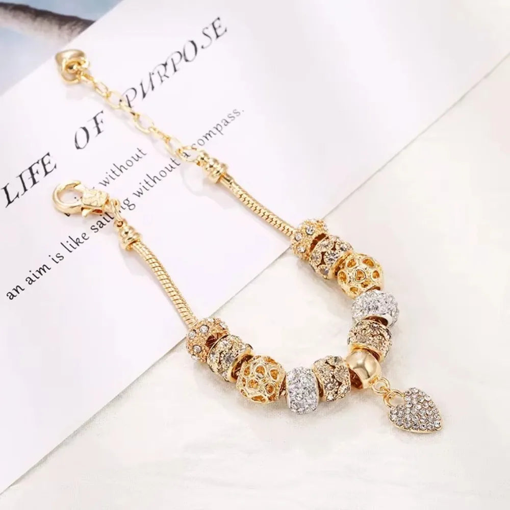 2024 New Crystal Heart Beads Charm Bracelets Gold Color Snake Chain Brand Bracelets for Women Lover Valentine's Day Jewelry Gift