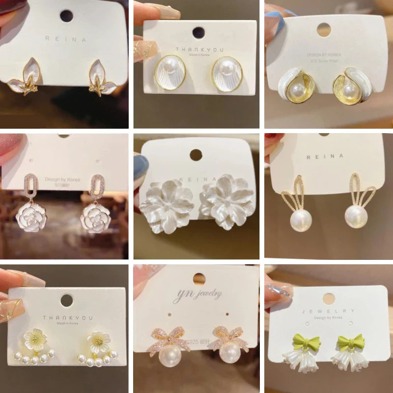 Pure White Women's Dangle Earrings Blooming Flower Acrylic Enamel Butterfly Imitation Pearl Heart Hanging Earrings Elegant brinc