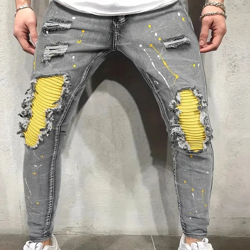 Men's Casual Creative Street Style High Stretch Paint Splatter Ripped