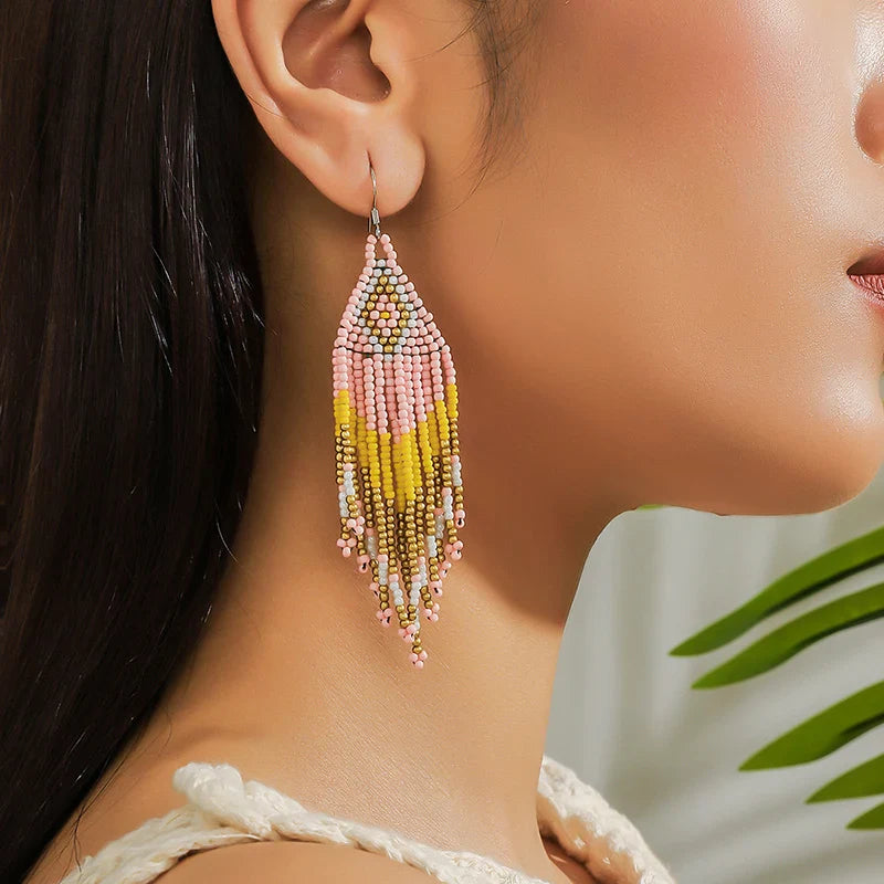 MYYA  White Rice Beads Earrings For Women Retro Boho Tassels Water Drop Earrings Exaggerated Ethnic Style Earrings Jewelry