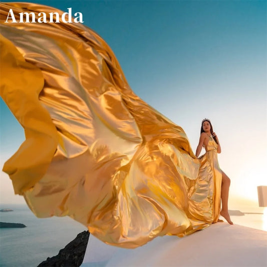 Homecoming Dresses: Long Sweep Train Prom Dress Gold Satin Party Dress