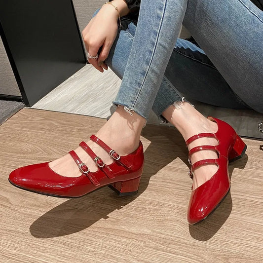 Women Pumps 3.5cm Mary Jane Shoes French Style  Three Straps