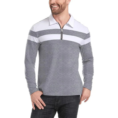 Men's Long Sleeve Striped Polo Shirts 1/4 Zip Cotton Patchwork Collared Shirt Casual Fashion Pullover Slim Fit Golf Shirt