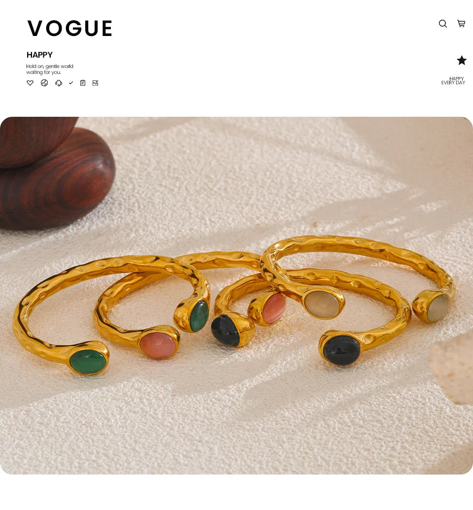 Yhpup 62mm High Quality Stainless Steel Multicolored Natural Stone Golden Cuff Open Bracelet Bangle Water Resistant Jewelry