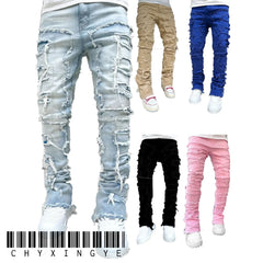 European Camo Pants Men High Street Slim Fit Stretch Patched Denim Ripped