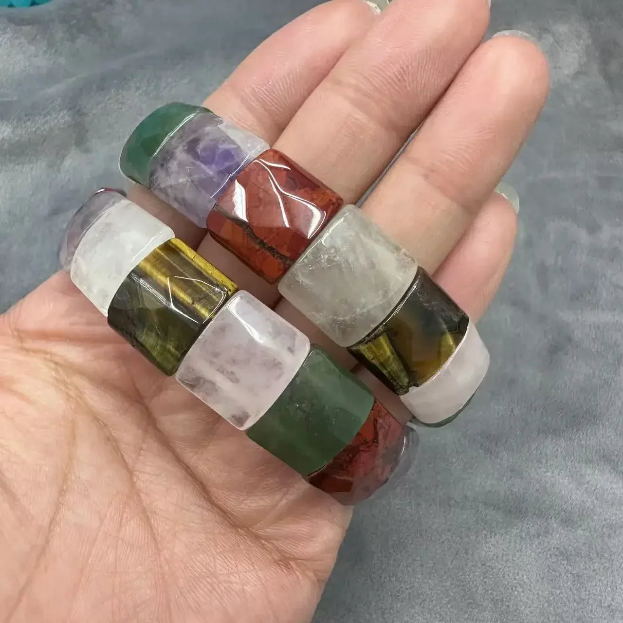 Natural 12x15mm Faceted Stone Unique Crystal Citrine Agate Amethyst Pyrite Fashion Elastic Handcrafted Bracelets Energy Bangles