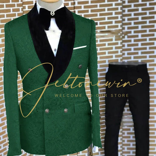 Tuxedo for Mens: Burgundy Jacquard Men Suit Slim Fit Double Breasted Wedding Suits