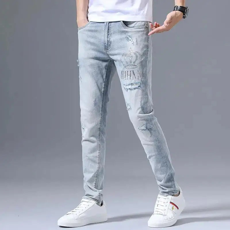 Fashion Stretch Denim Jeans Men's Spring Autumn Ripped Retro