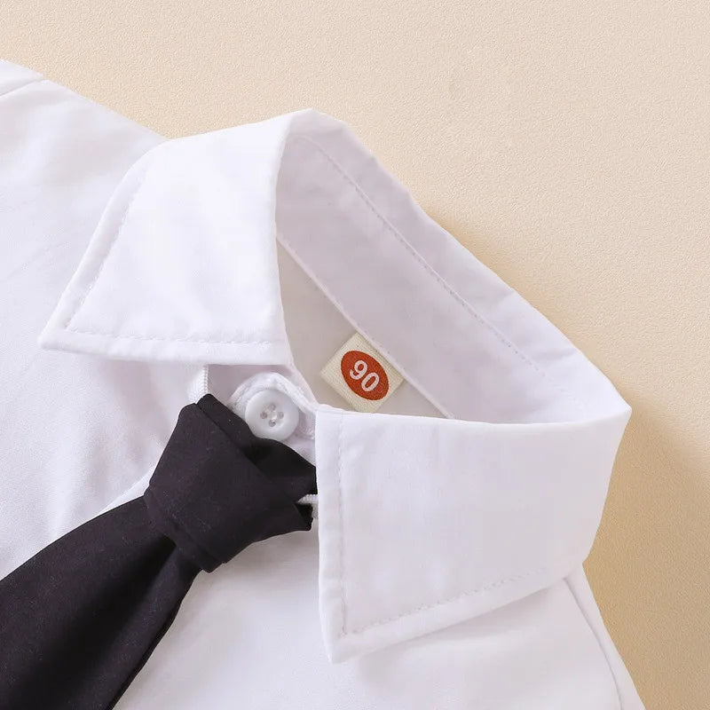 2 Pieces Kids Suit Set, Summer Contrast Color Lapel Short Sleeve Shirt with Necktie+ Short Pants for Boys, 1-8 Years