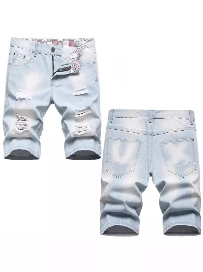 New Summer Men Blue Denim Shorts Italian Style Male Shorts Jeans High Quality Male Stretch Fit Ripped Denim Jeans Shorts Size 38