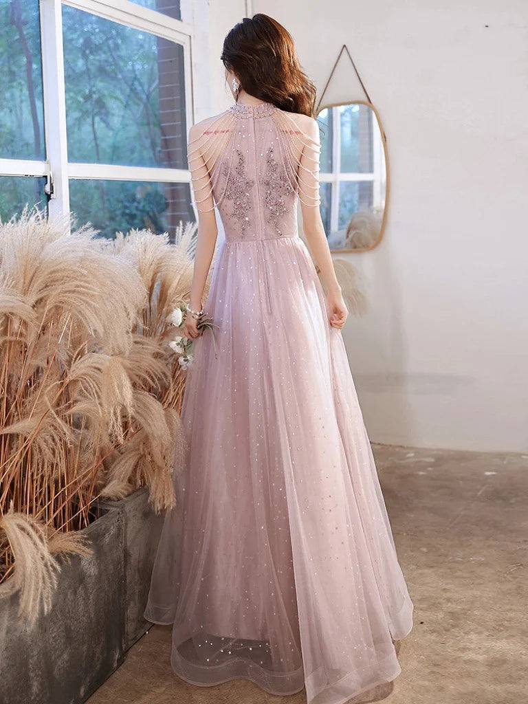 Homecoming Dresses: Sequins Beading Halter With Tassel Sleeve Prom Evening Gowns