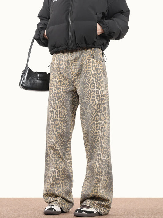 American Style Leopard Wash Jeans Women Y2K Retro Street Hot Girl Loose Casual Pants