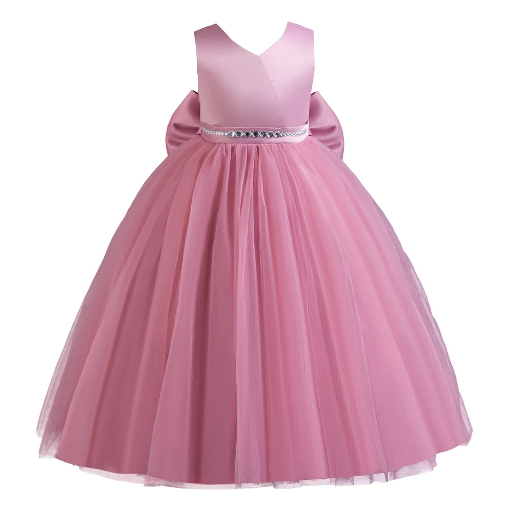 Sleeveless Big Bow Solid Princess Dress Piano Performance Dress Holiday Party Host Dress Flower Girl Wedding Evening Dress