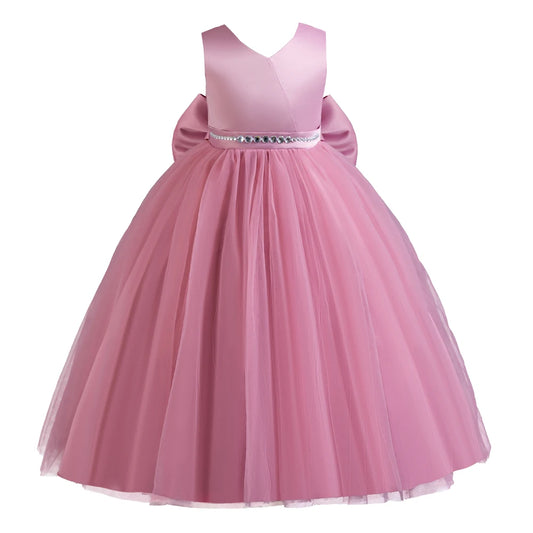 Sleeveless Big Bow Solid Princess Dress Piano Performance Dress Holiday Party Host Dress Flower Girl Wedding Evening Dress