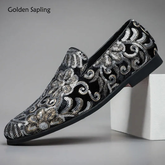 Golden Sapling Embroider Man Loafers Elegant Wedding Shoes Leisure Flats Vintage Men's Mocassins Party Loafers Formal Male Shoes