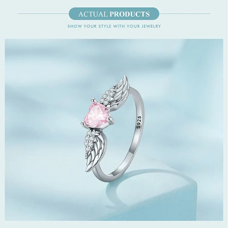 BAMOER 925 Sterling Silver Angel Wing Ring for Women Retro Feather Pink Heart Zircon Eternity Band Ring Anniversary Jewelry Gift